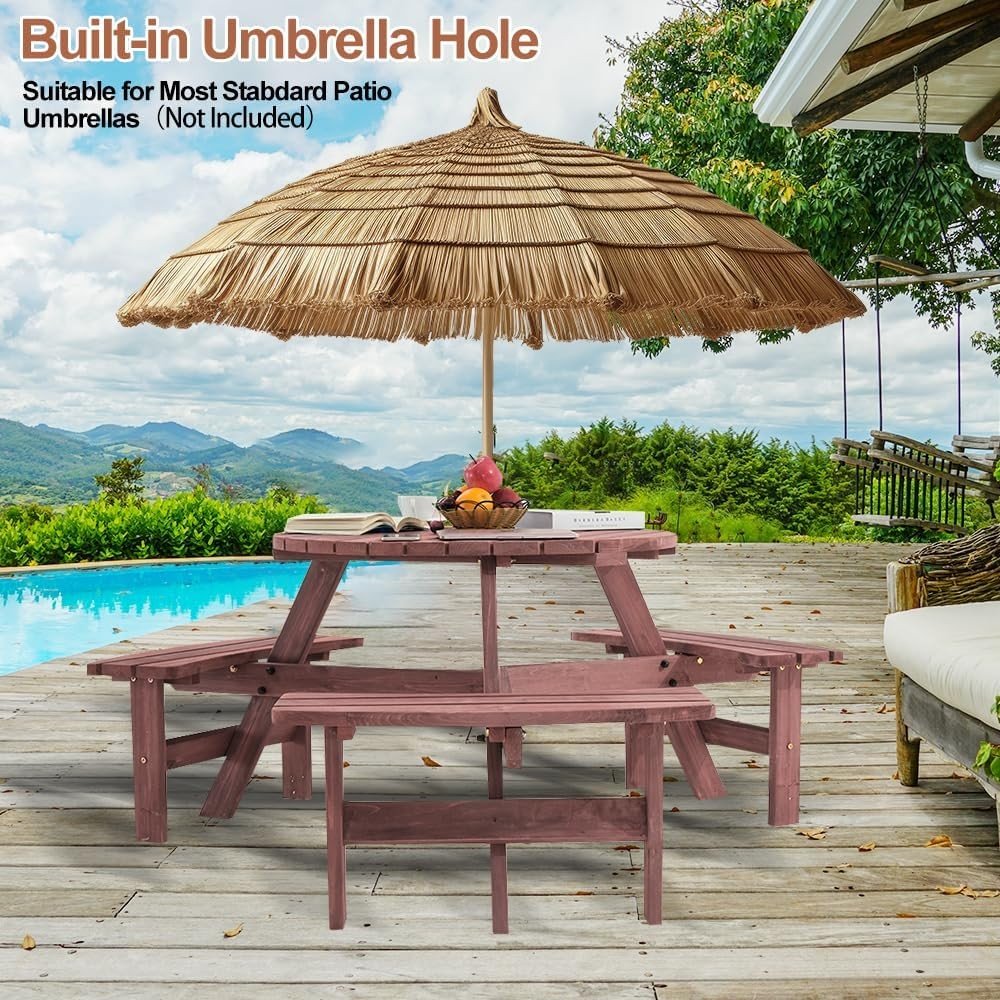 6 Seater Round Wooden Picnic Table Set Garden Patio Bench Seats - Kwikley