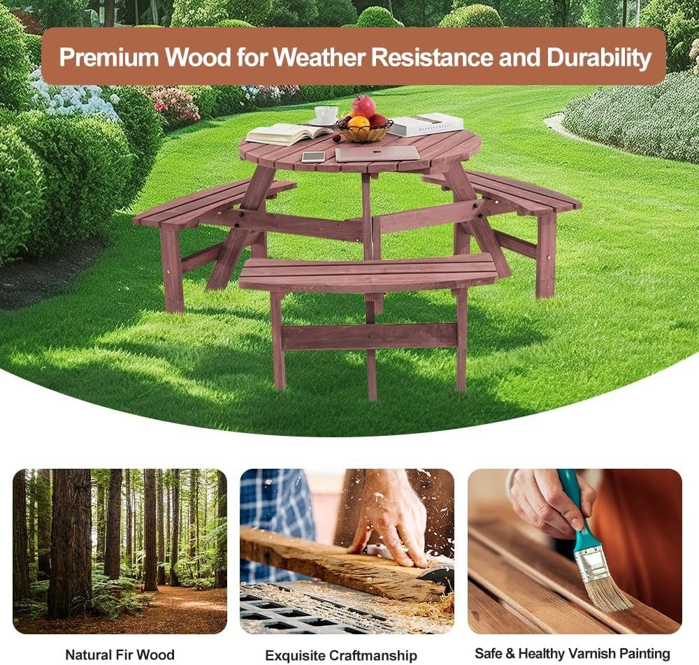6 Seater Round Wooden Picnic Table Set Garden Patio Bench Seats - Kwikley