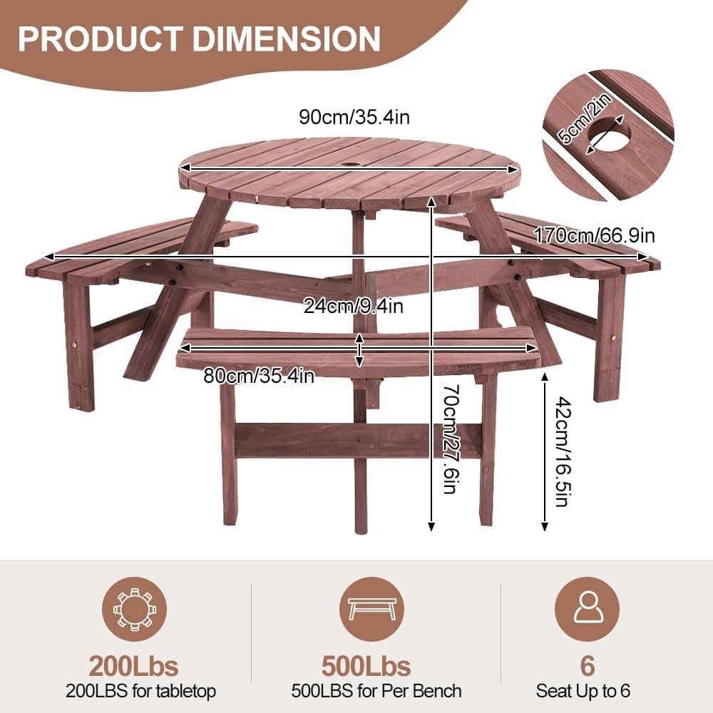 6 Seater Round Wooden Picnic Table Set Garden Patio Bench Seats - Kwikley