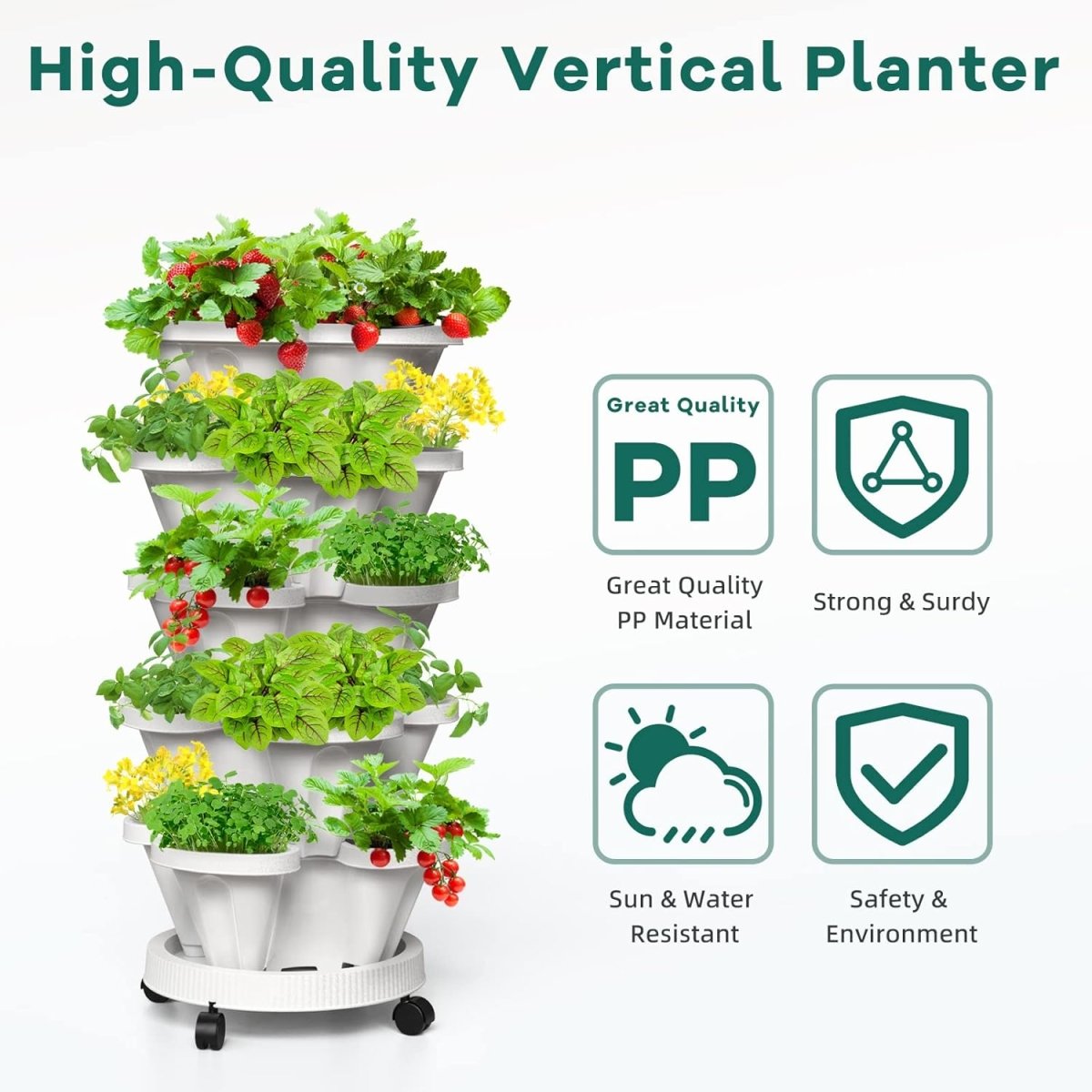 6 Tier Vertical Planter Tower Stackable Garden Pots with Wheels - Kwikley