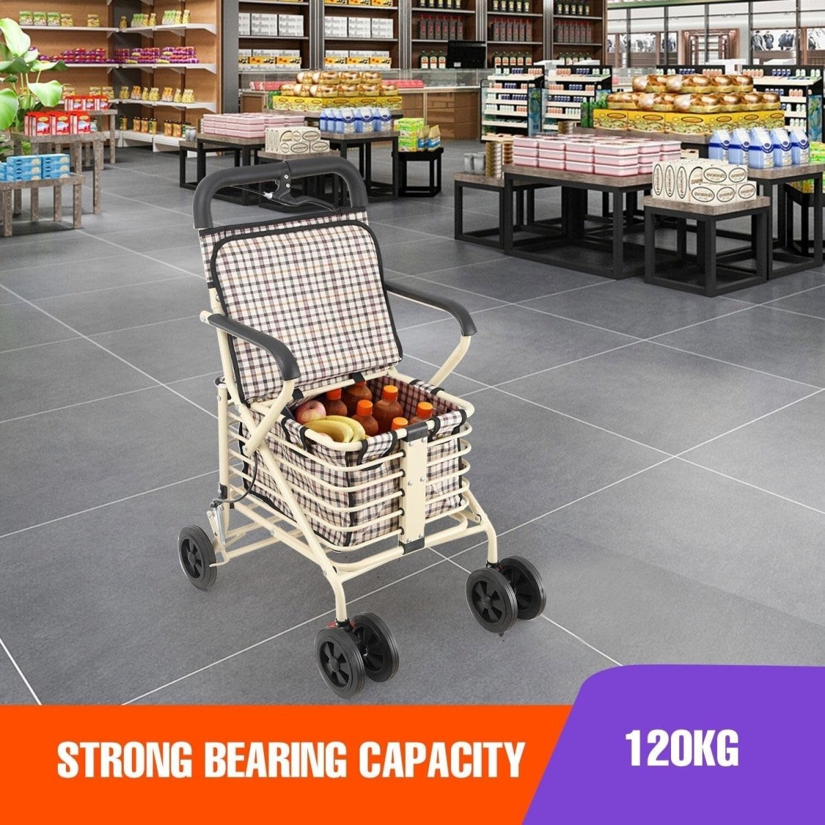 6 - Wheel Folding Shopping Trolley with Seat, Handbrake & Removable Bag - Kwikley