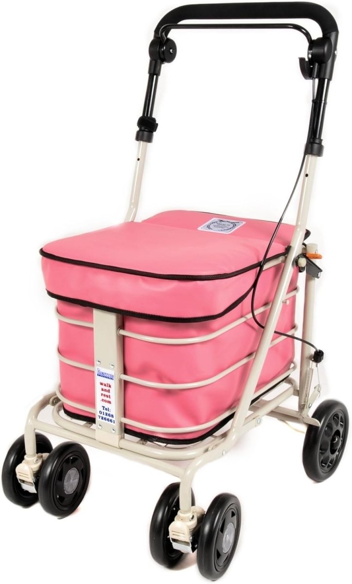 6 Wheel Shopping Trolley With Seat Handbrake Foldable Mobility Aid Pink - Kwikley