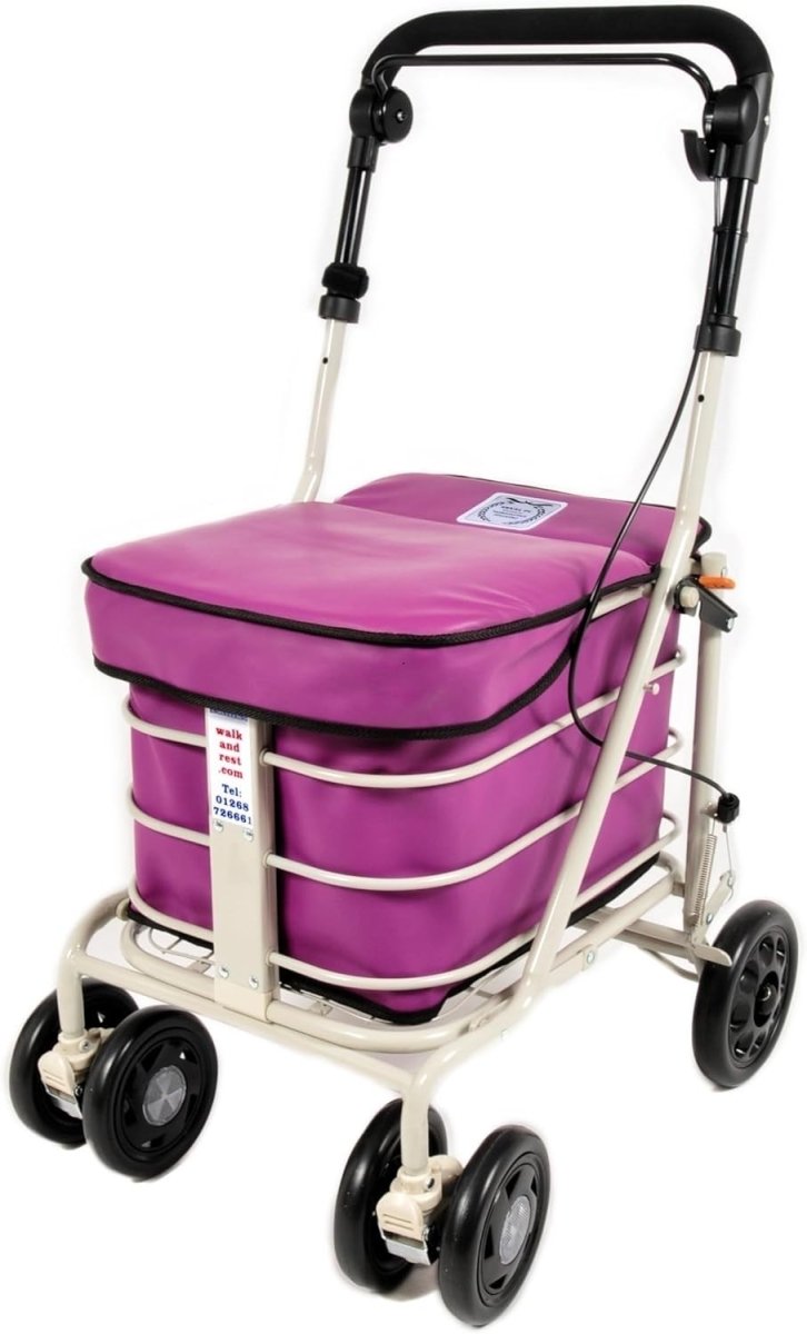6 Wheel Shopping Trolley With Seat Handbrake Foldable Mobility Aid Purple - Kwikley
