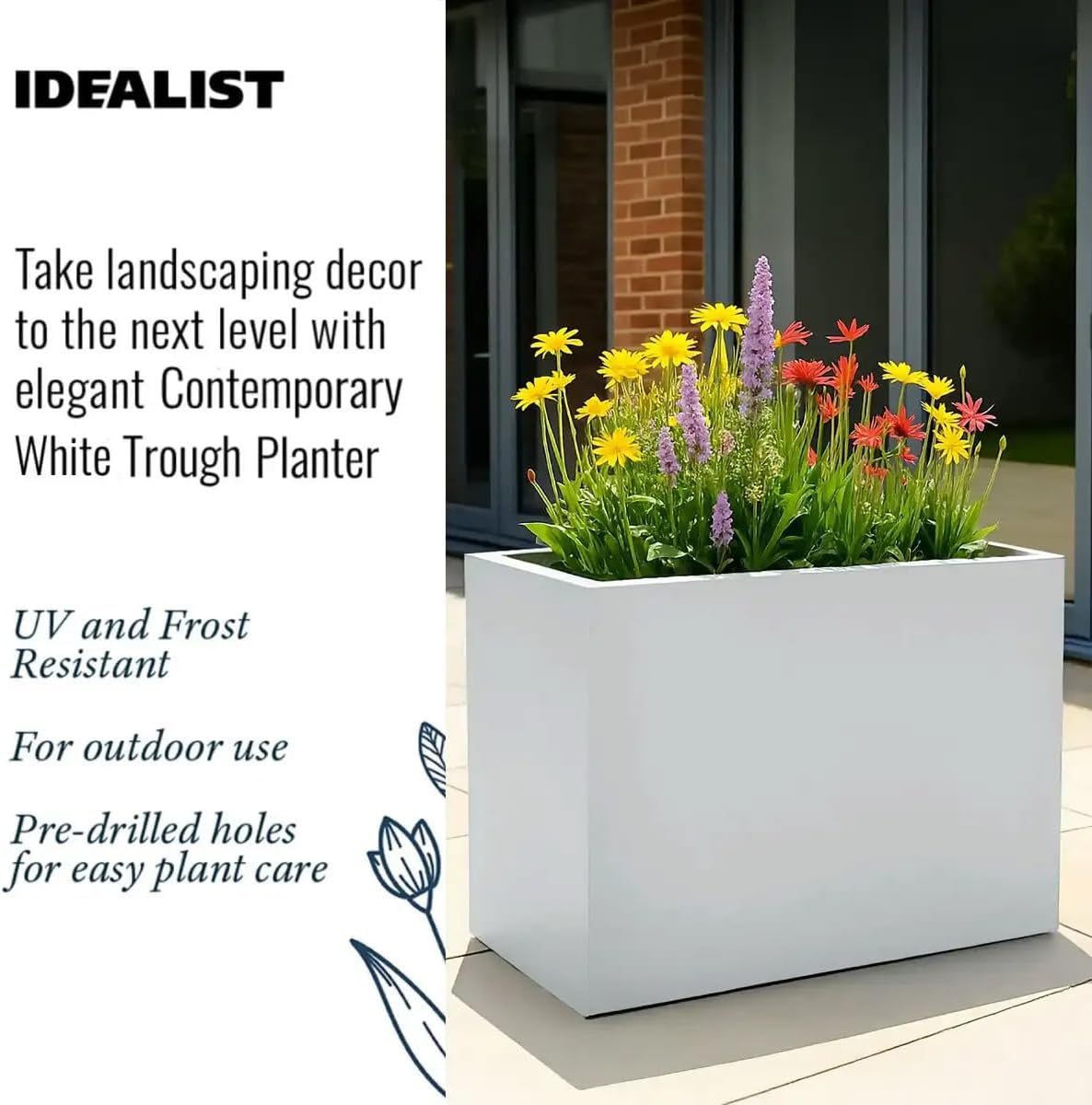 60cm Large Trough Planter White Stone Effect Outdoor Plant Pot - Kwikley