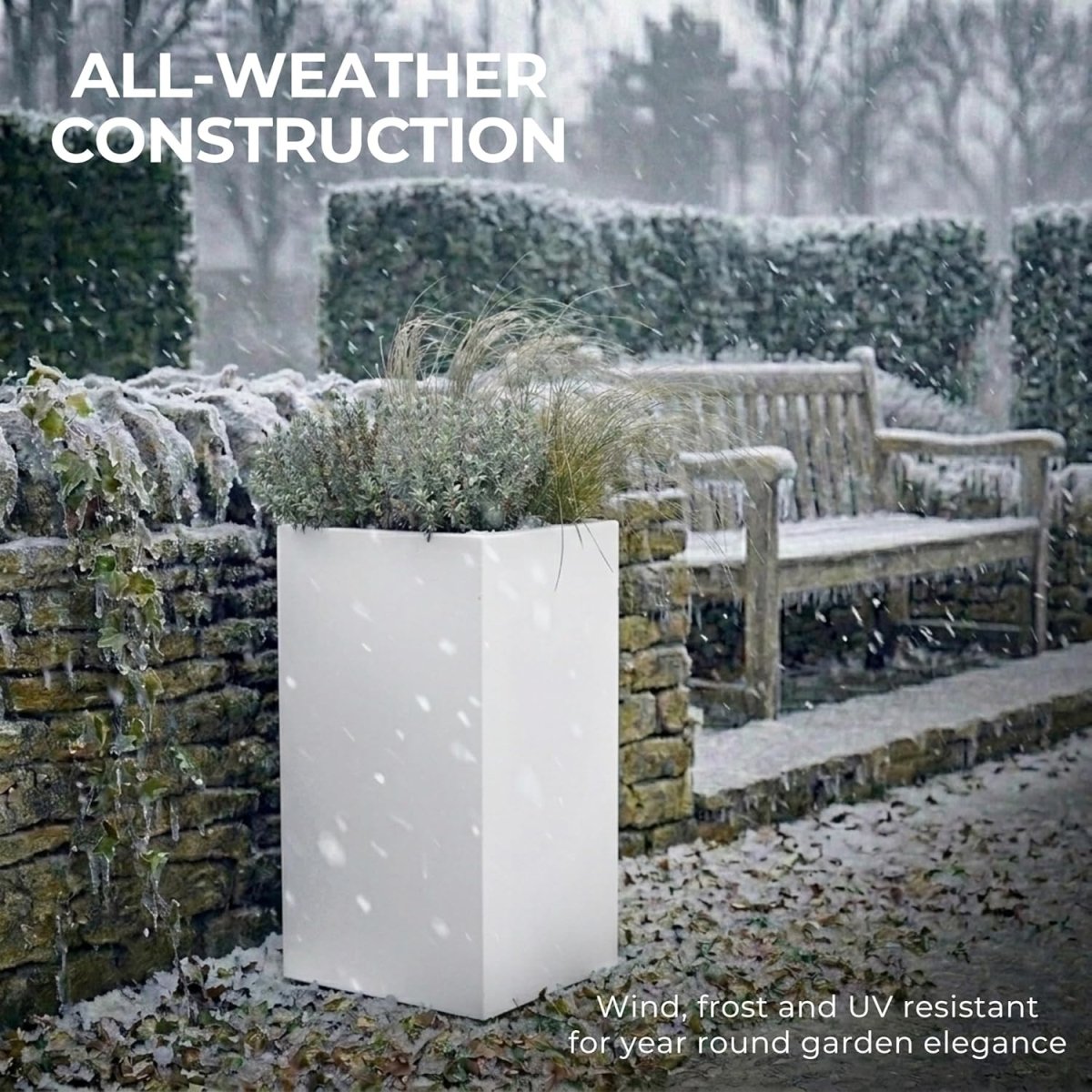 60cm Tall Square Planter White Fiberstone Outdoor Garden Pot - Kwikley