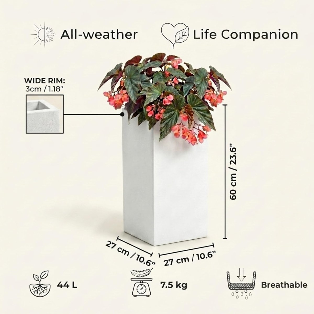 60cm Tall Square Planter White Fiberstone Outdoor Garden Pot - Kwikley
