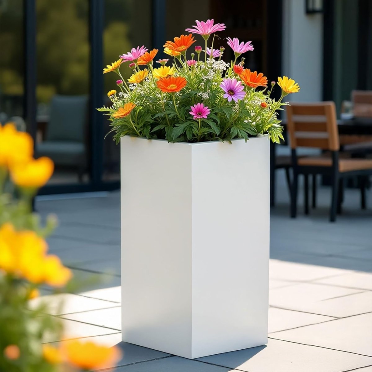 60cm Tall Square Planter White Fiberstone Outdoor Garden Pot - Kwikley