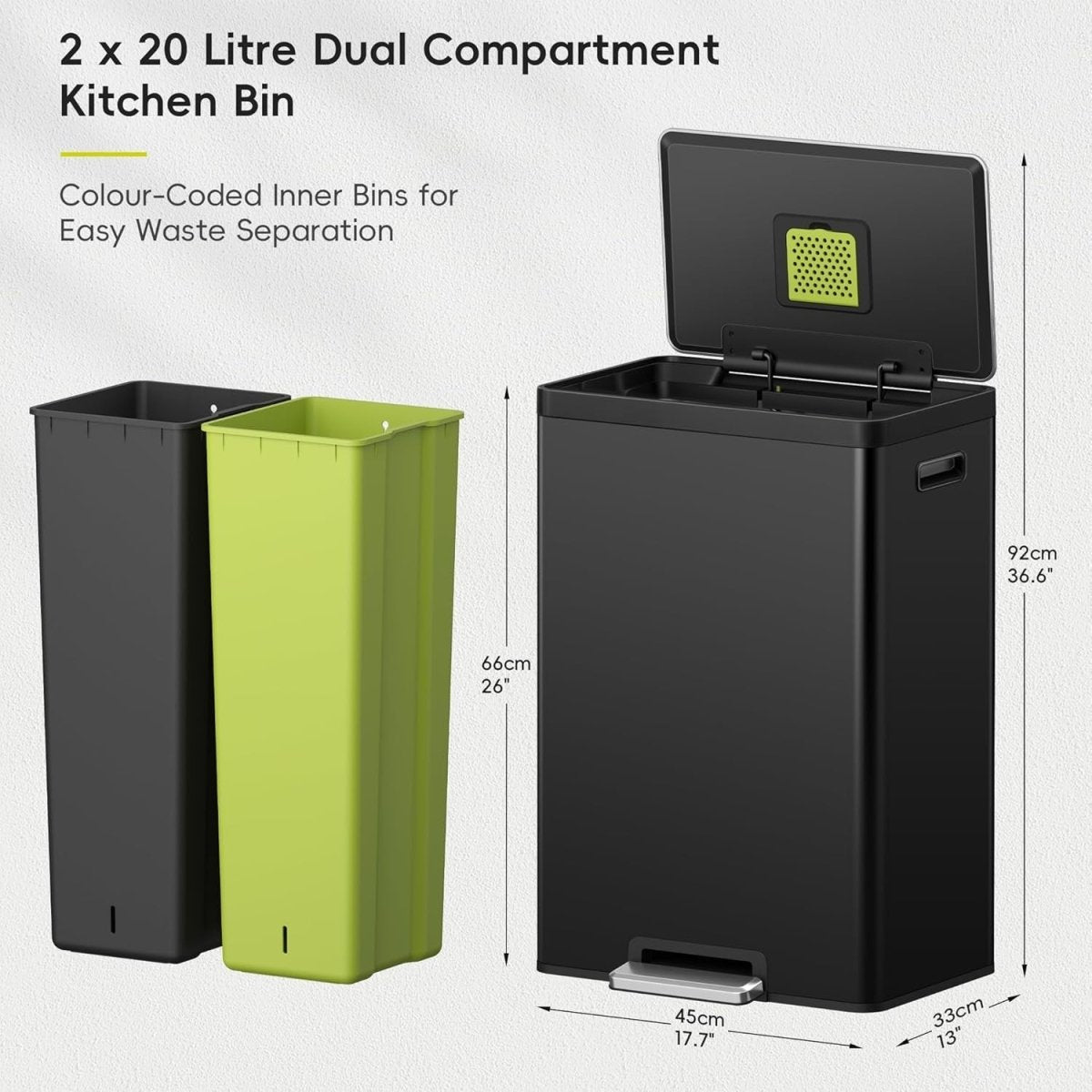 60L Dual Recycling Kitchen Bin 30L+30L Matt Black Soft - Kwikley