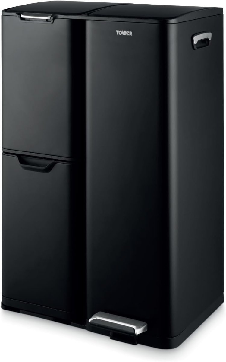 60L Recycling Pedal Bin 3 Compartment Kitchen Waste Sorter Black - Kwikley