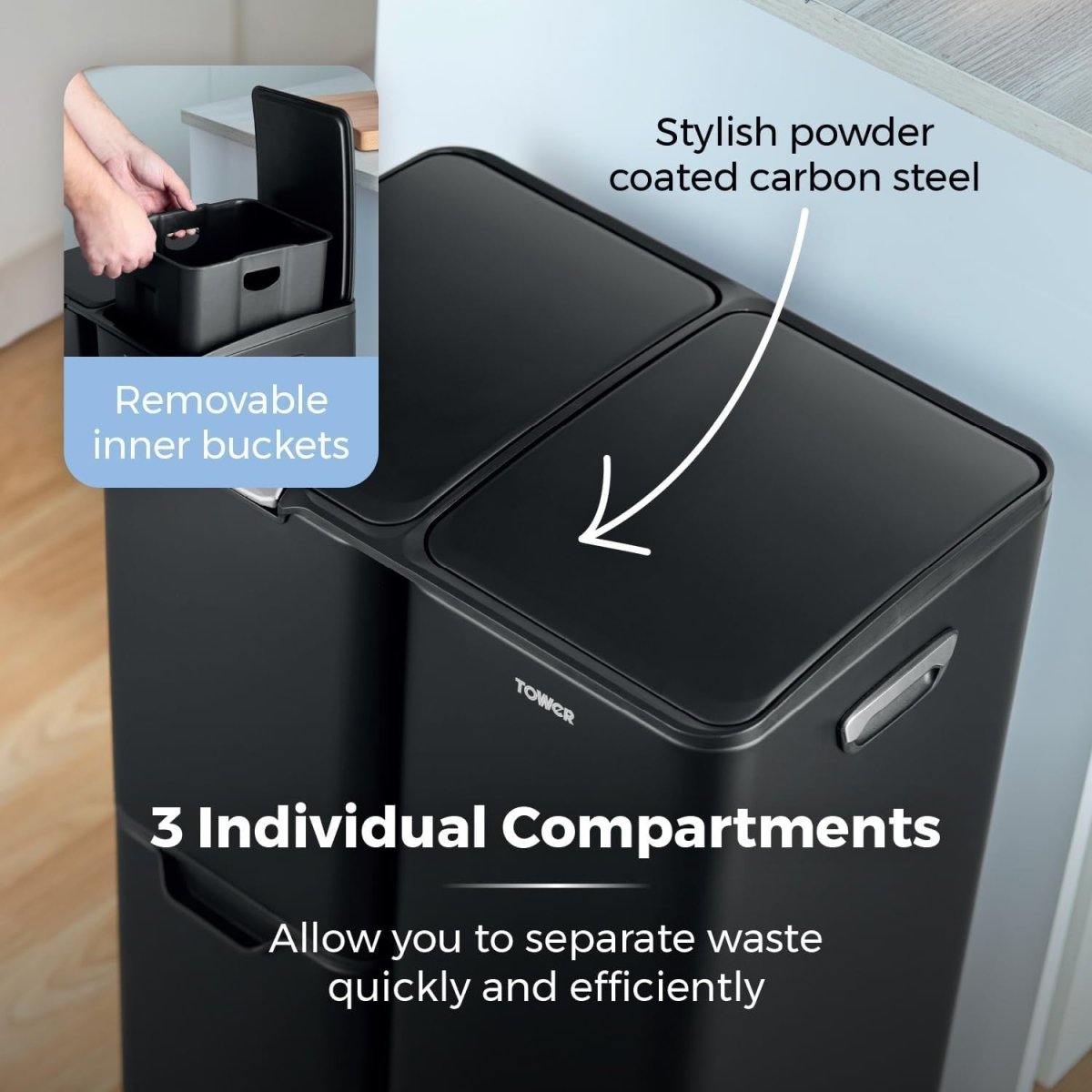 60L Recycling Pedal Bin 3 Compartment Kitchen Waste Sorter Black - Kwikley