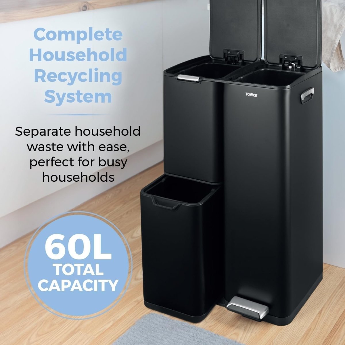 60L Recycling Pedal Bin 3 Compartment Kitchen Waste Sorter Black - Kwikley