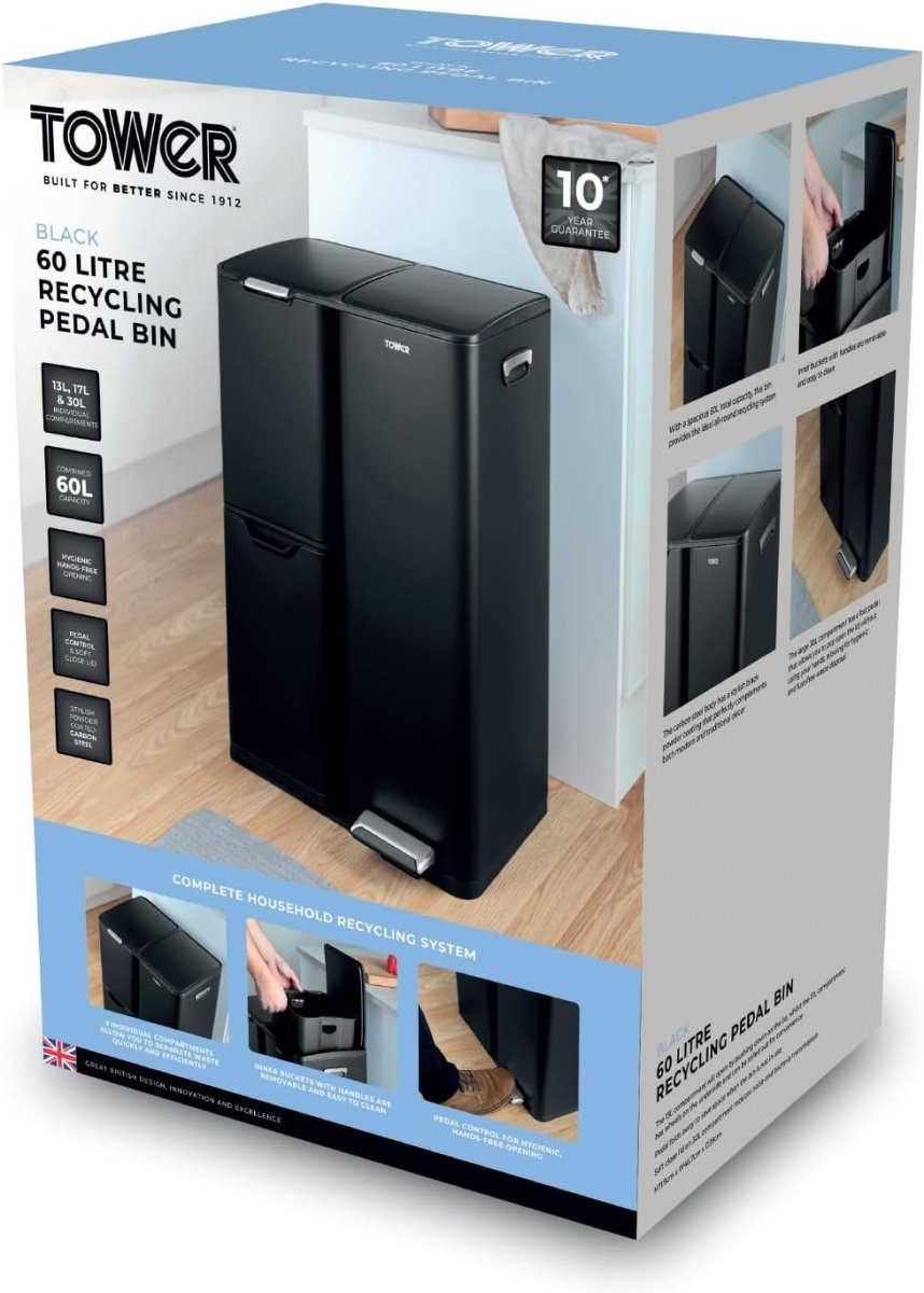 60L Recycling Pedal Bin 3 Compartment Kitchen Waste Sorter Black - Kwikley