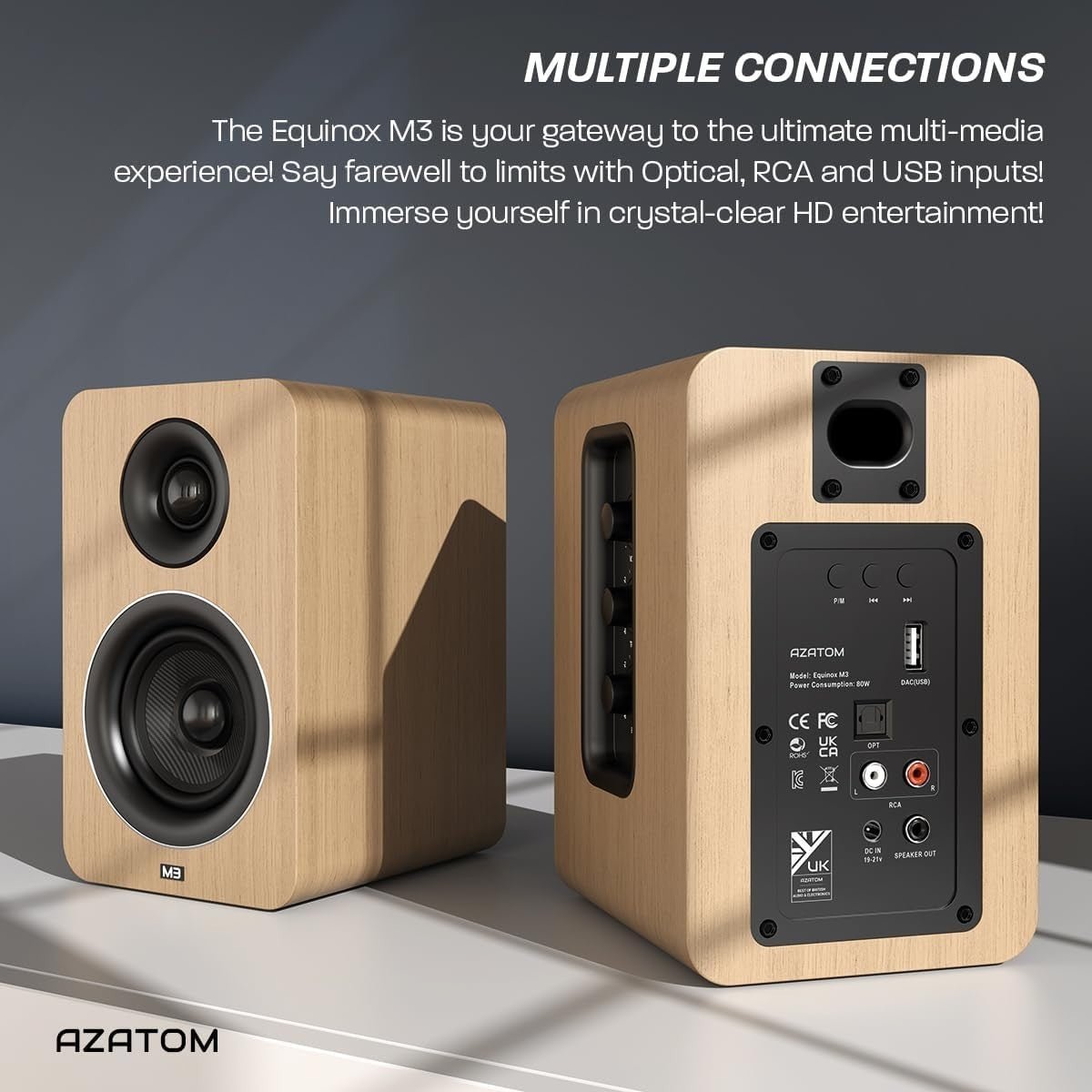 60W Bluetooth Bookshelf Speakers Oak Carbon Fibre Drivers Optical USB - Kwikley