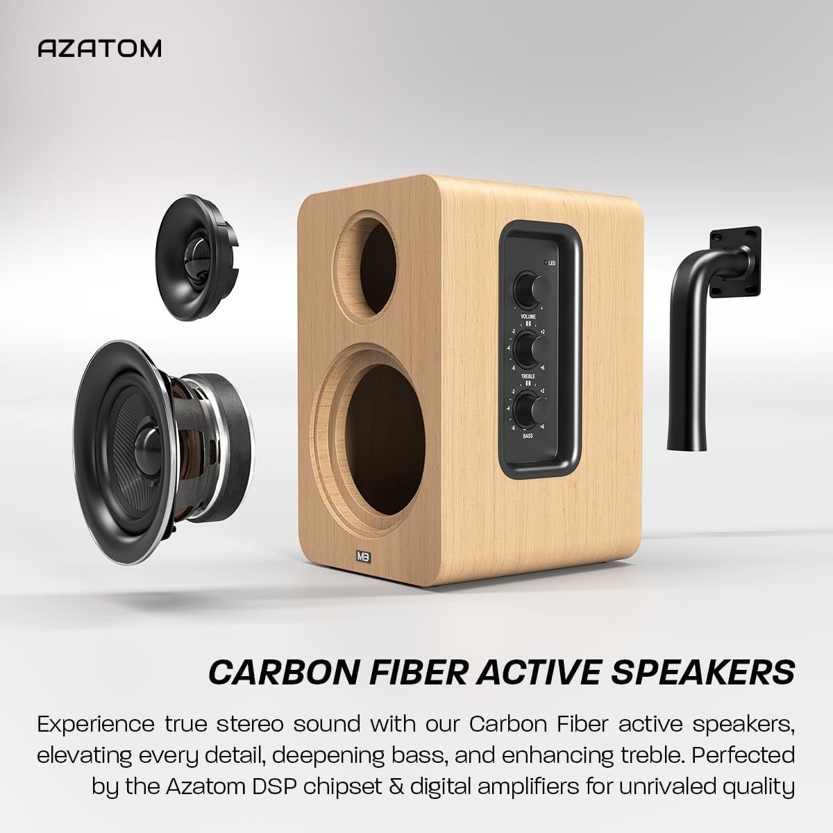 60W Bluetooth Bookshelf Speakers Oak Carbon Fibre Drivers Optical USB - Kwikley