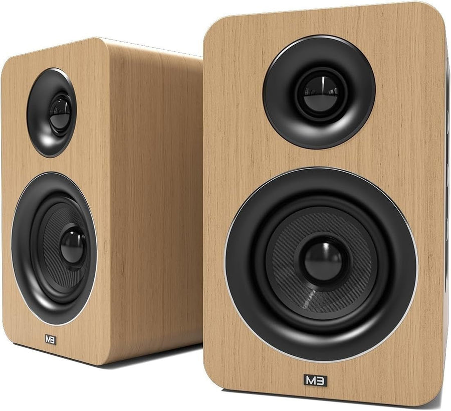 60W Bluetooth Bookshelf Speakers Oak Carbon Fibre Drivers Optical USB - Kwikley