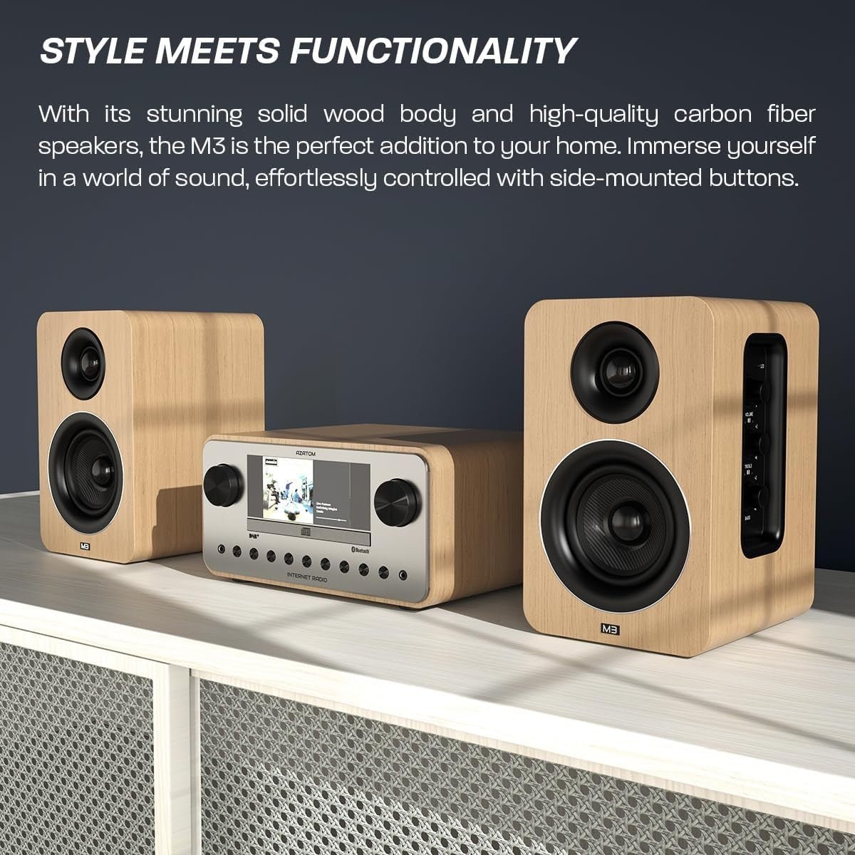 60W Bluetooth Bookshelf Speakers Oak Carbon Fibre Drivers Optical USB - Kwikley