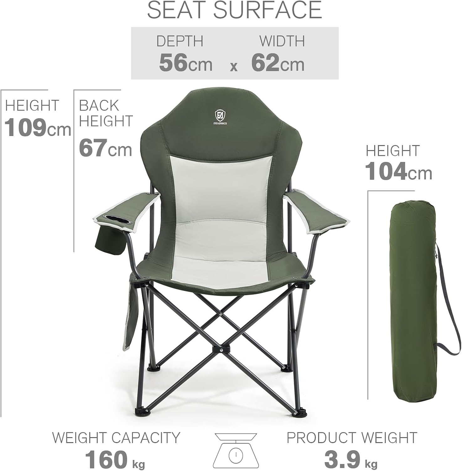 Oversized Folding Camping Chair High Back 160KG Dark Green
