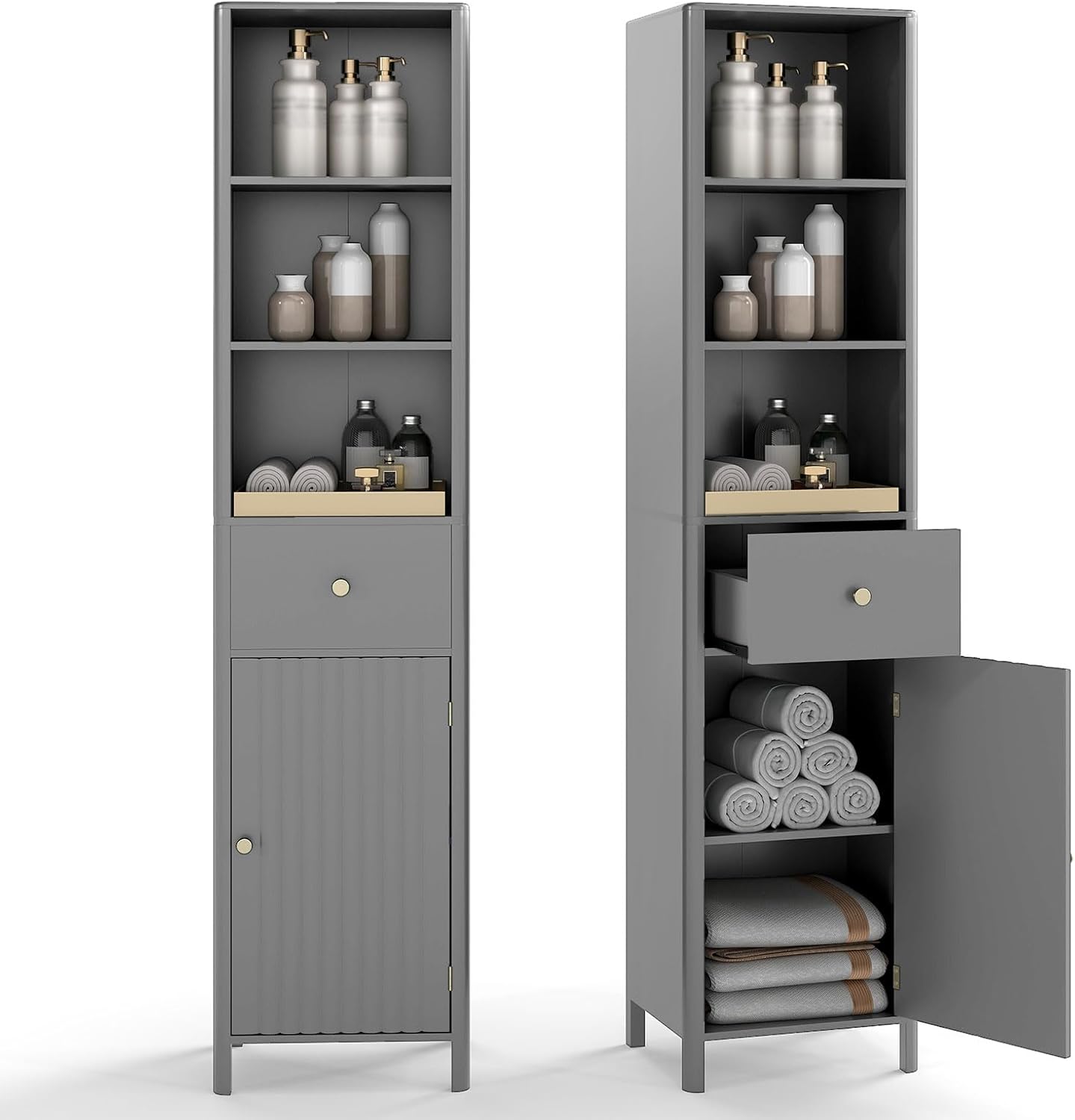 Tall Bathroom Storage Cabinet Drawer Fluted Door Grey 170cm