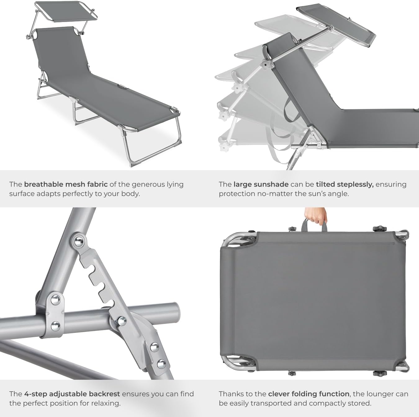 Folding Sun Lounger with Canopy Adjustable Backrest Grey
