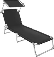 Folding Sun Lounger with Canopy Adjustable Backrest Black