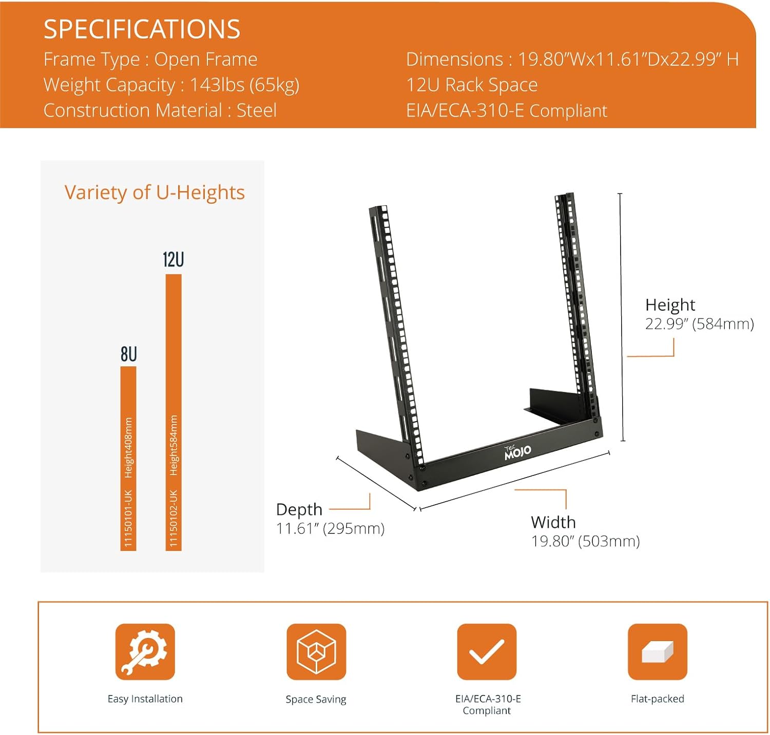 12U Desktop 2 Post Open Frame Server Rack Black