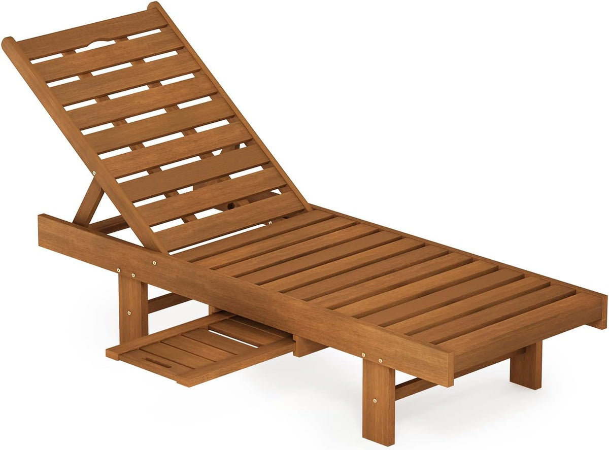 Wooden Outdoor Sun Lounger Adjustable Chair with Tray Natural