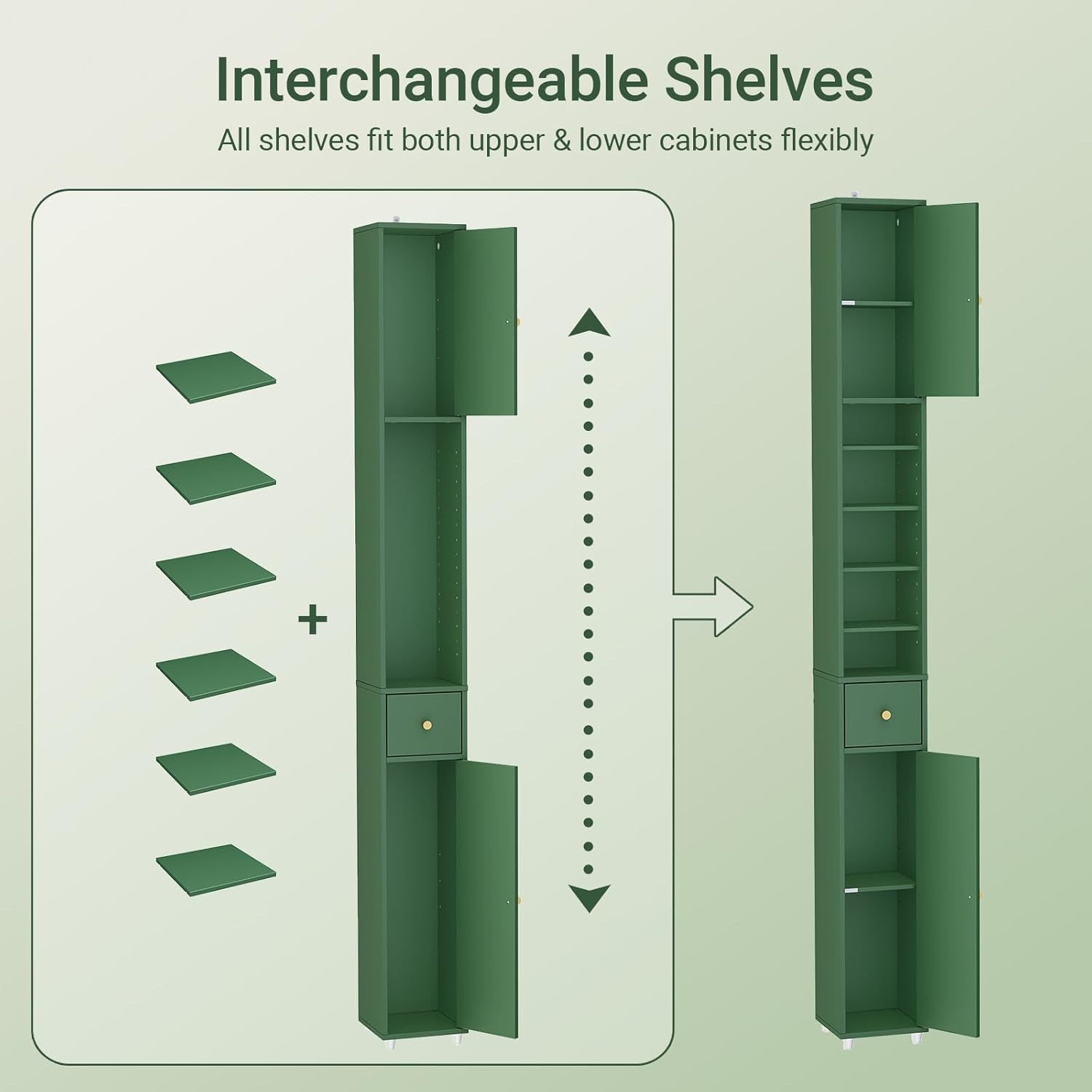 Tall Slim Bathroom Storage Cabinet Drawer Adjustable Shelves Green