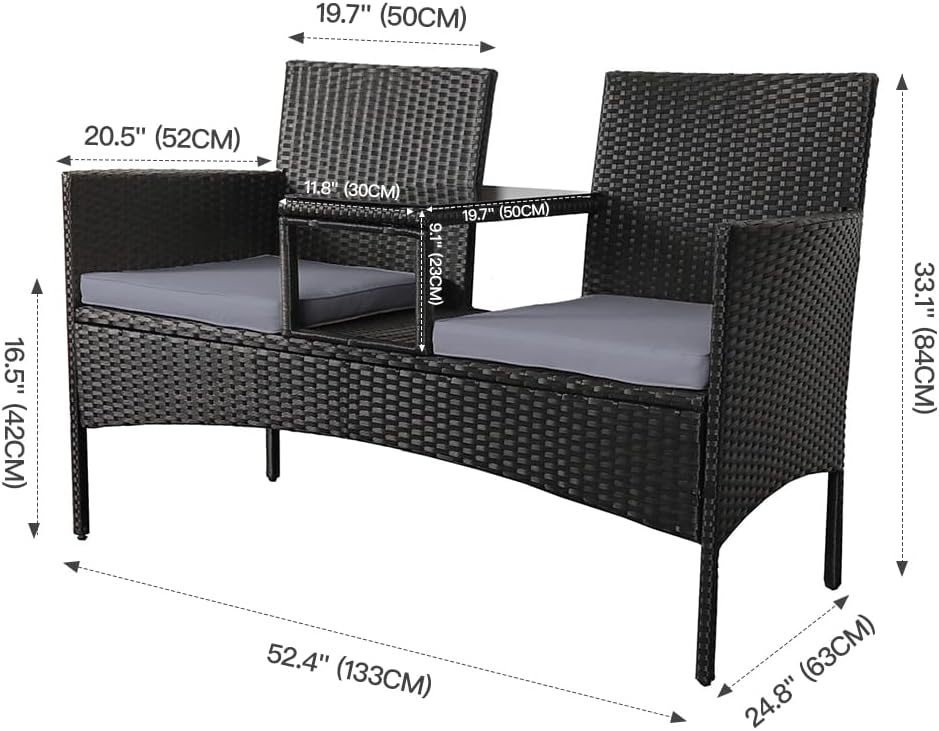 2 Seater Rattan Garden Bench w/Glass Table Patio Loveseat