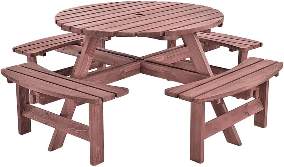 Round Wooden Picnic Table Set for 8 with Benches & Parasol Hole