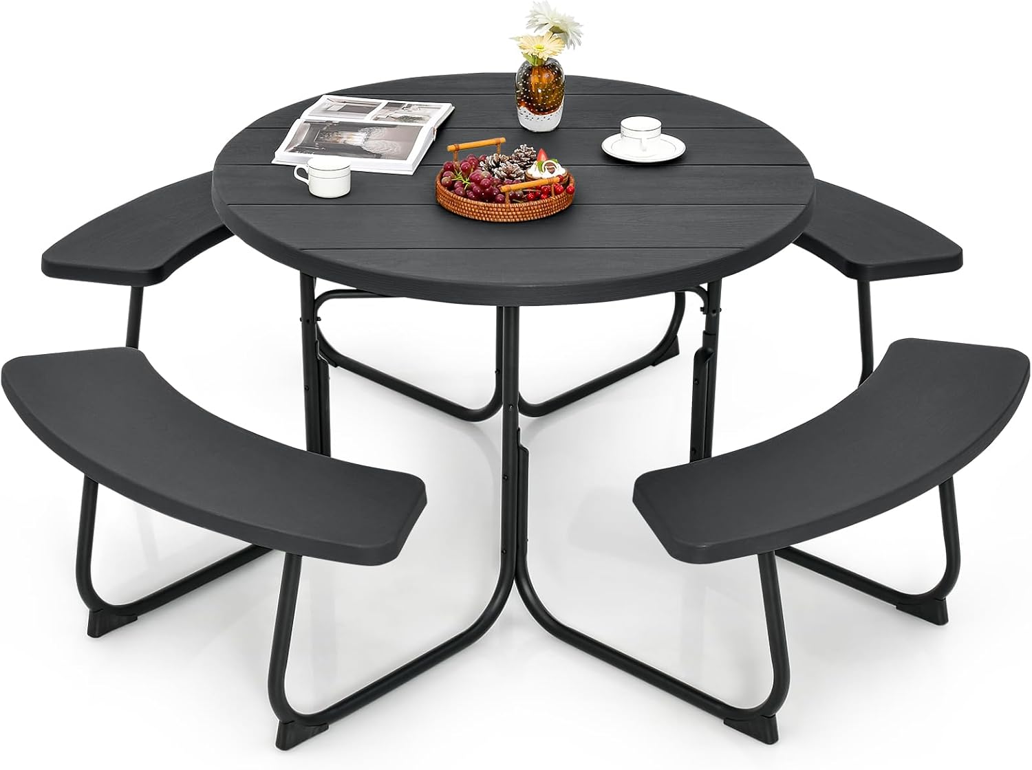 8 Seater Round Picnic Table Bench Set Outdoor Patio w/Parasol Hole Black