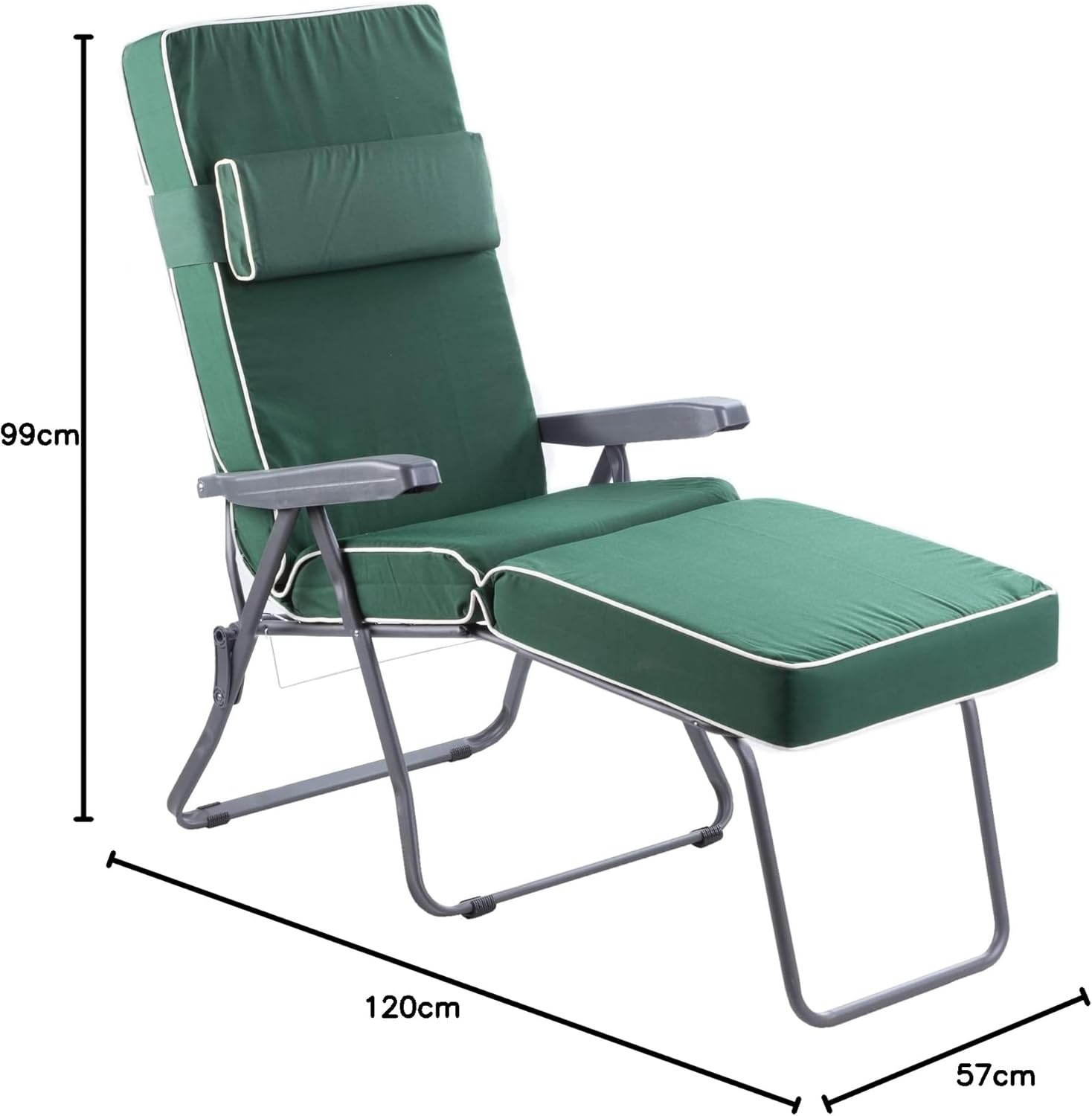 Reclining Sun Lounger with Cushion 5 Position Green Foldable