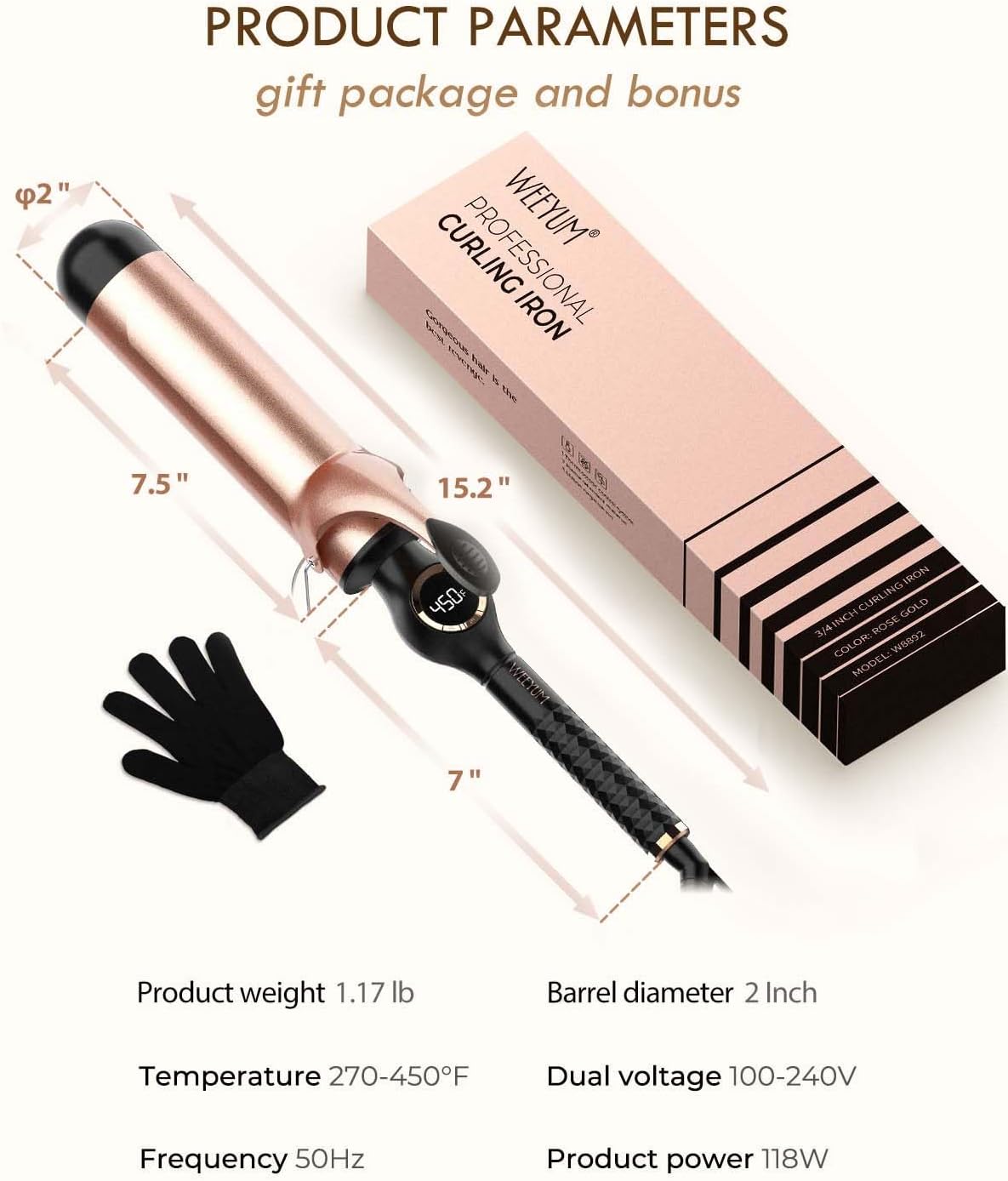 50mm Large Barrel Curling Wand Ceramic Hair Curler Loose Waves Dual Voltage