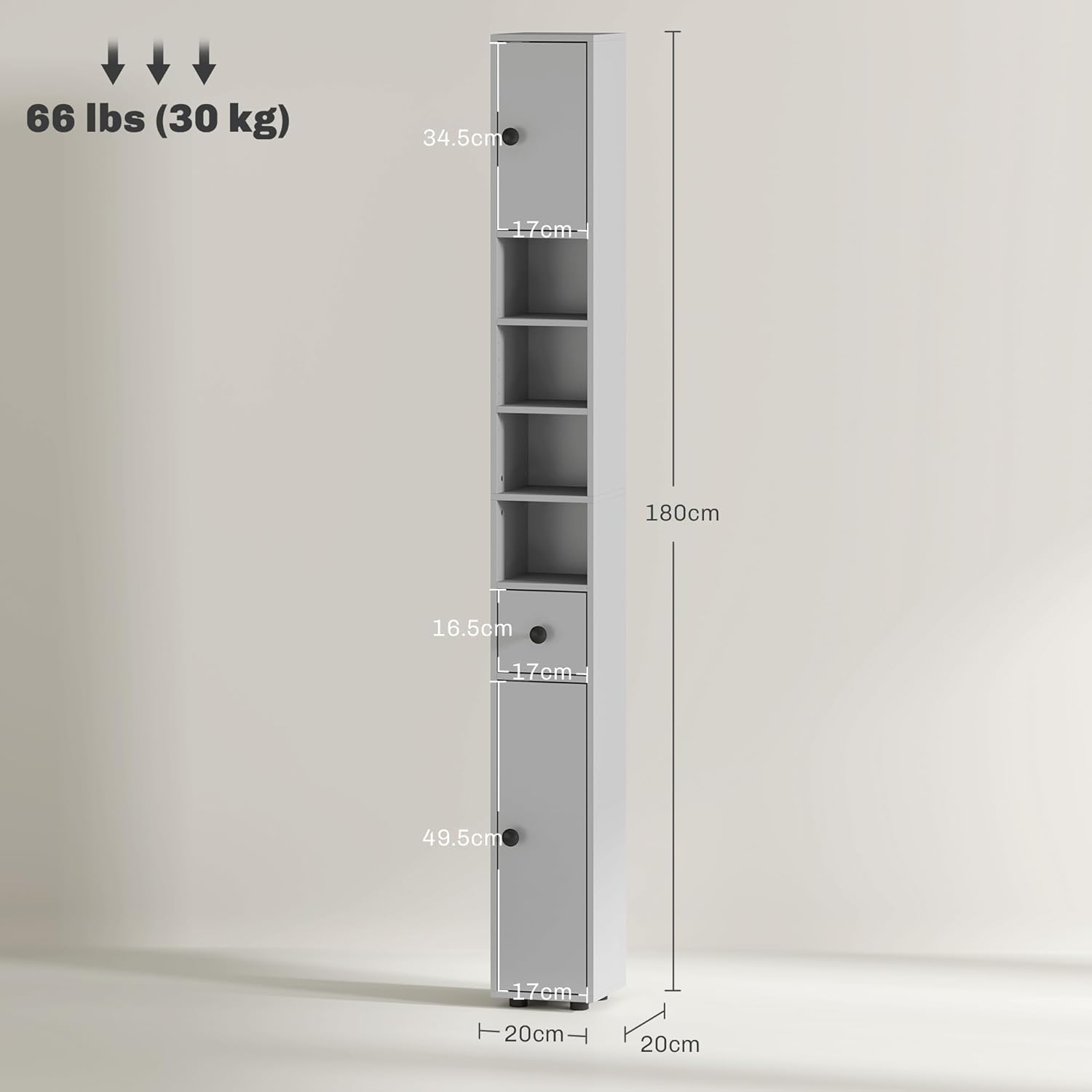 180cm Slim Bathroom Storage Cabinet 4 Shelves 2 Doors Grey