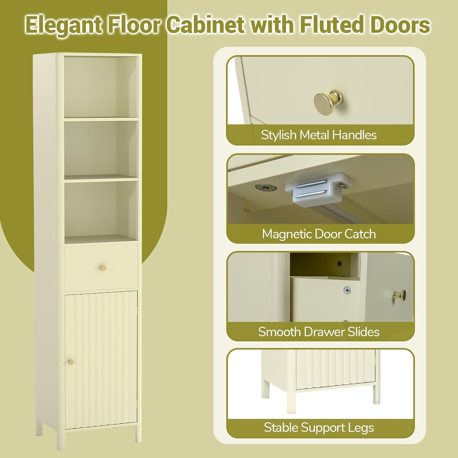 Slim Bathroom Tall Cabinet Drawer Shelf Unit Beige