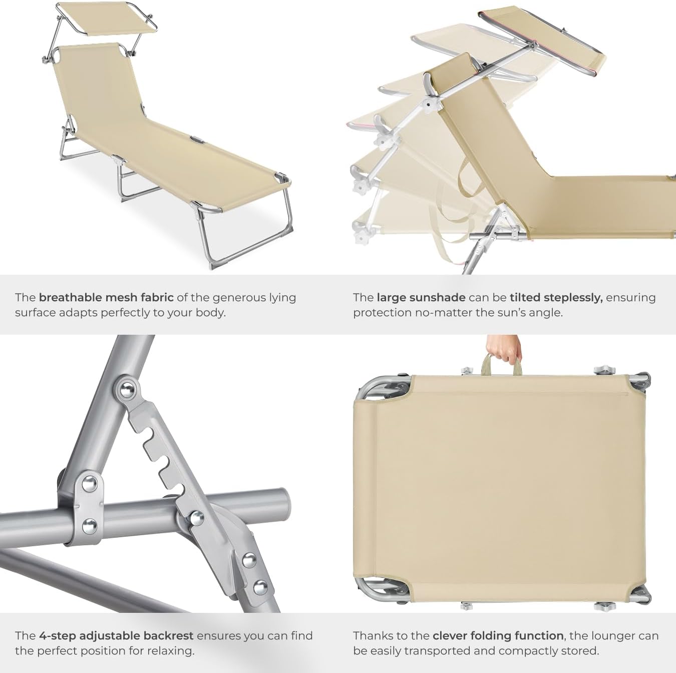 Folding Sun Lounger with Canopy Adjustable Backrest Beige