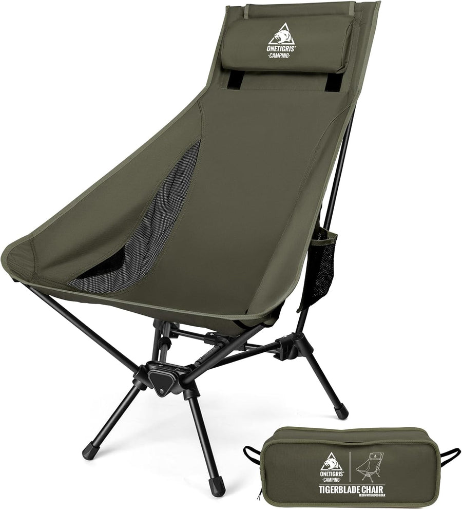 High Back Camping Chair with Pillow 150kg Green