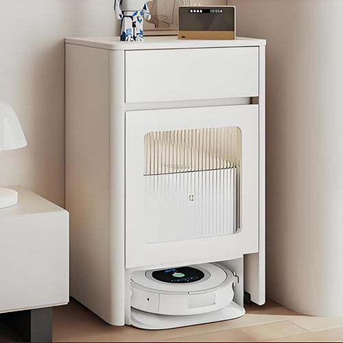 Robot Vacuum Storage Cabinet Wooden Side Table Drawer Wheels White
