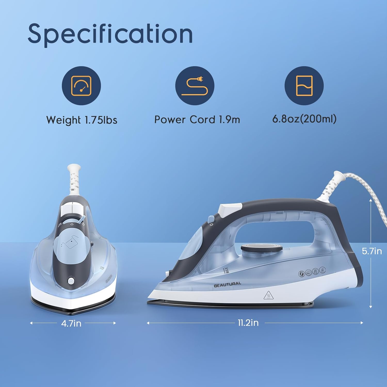 1740W Steam Iron Non Stick Soleplate Burst Steam Spray Mist