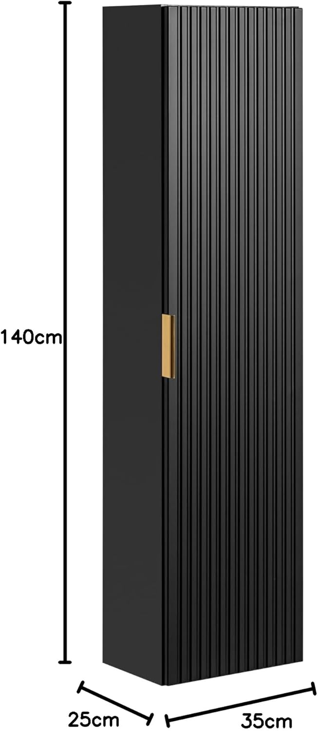 Luxury Wall Hung Tall Bathroom Cabinet Ribbed Black Gold