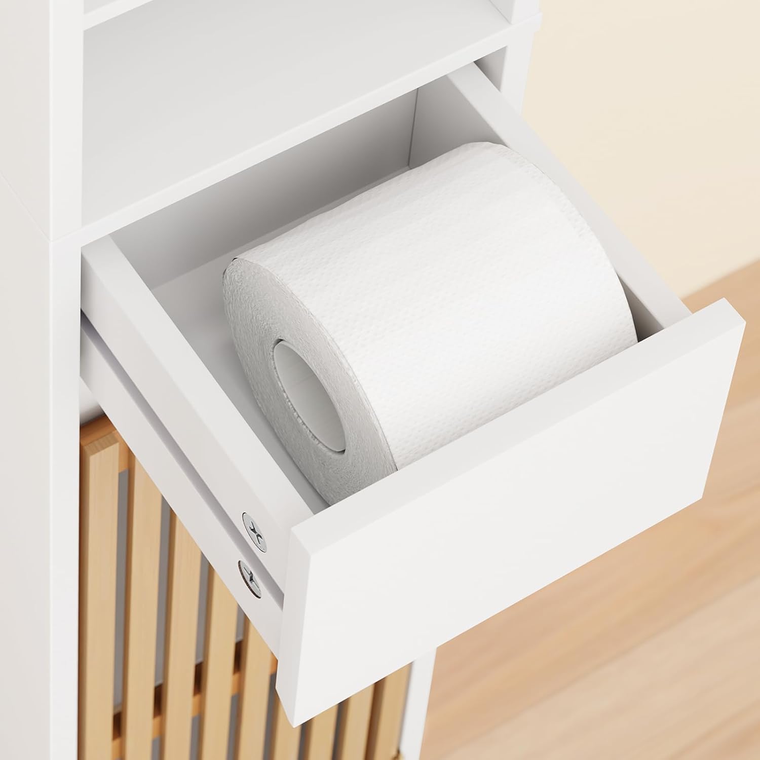 Slim Tall Bathroom Cabinet Bamboo Doors White 20cm 180cm