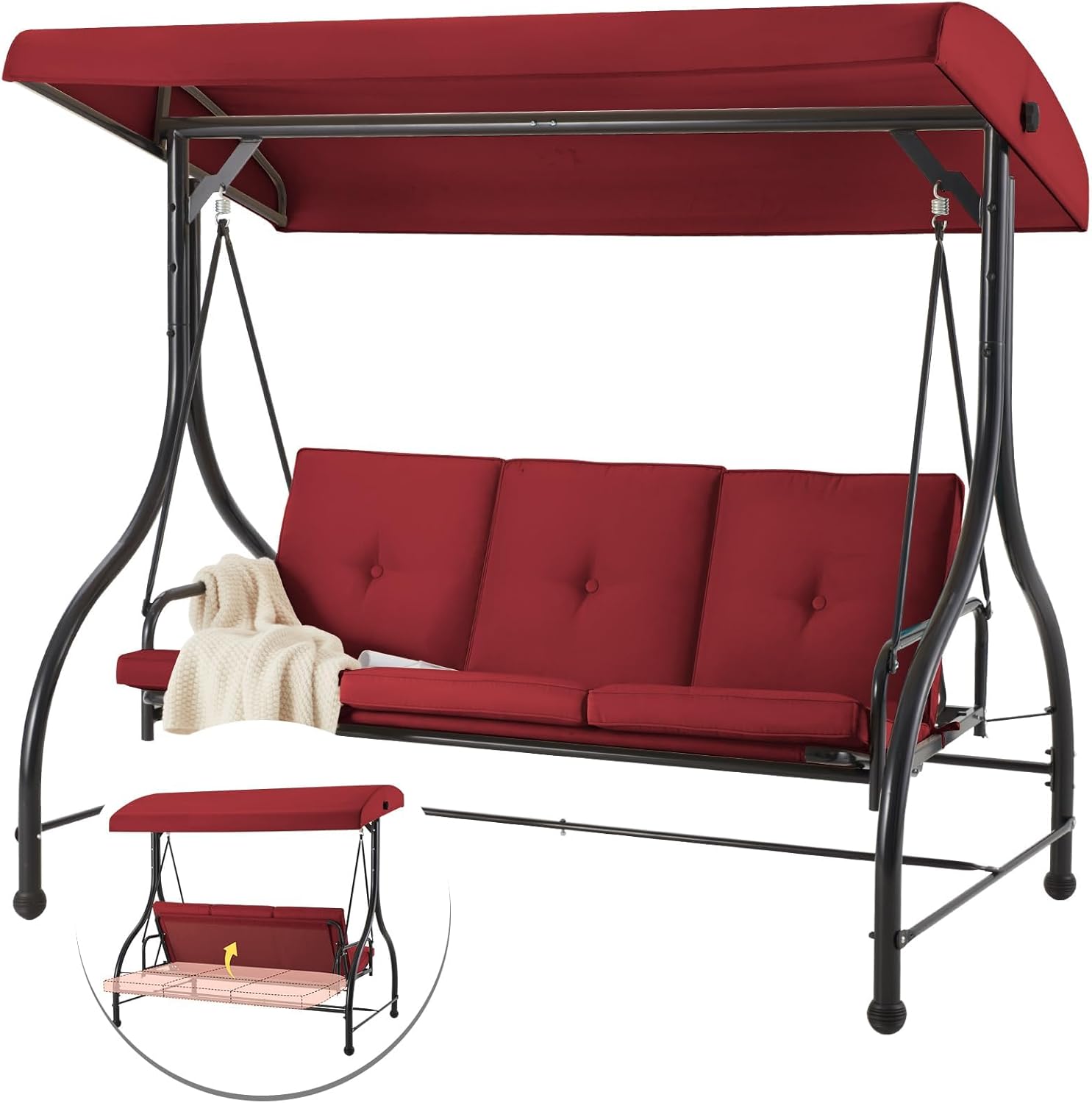 3 Seater Garden Swing Seat Bed Convertible Patio Hammock Chair Red