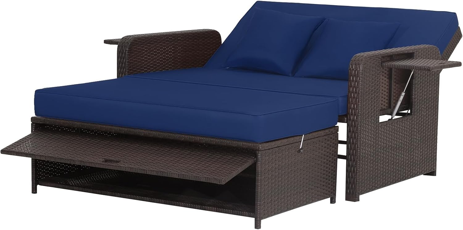 Rattan Garden Daybed Double Sun Lounger Navy Brown