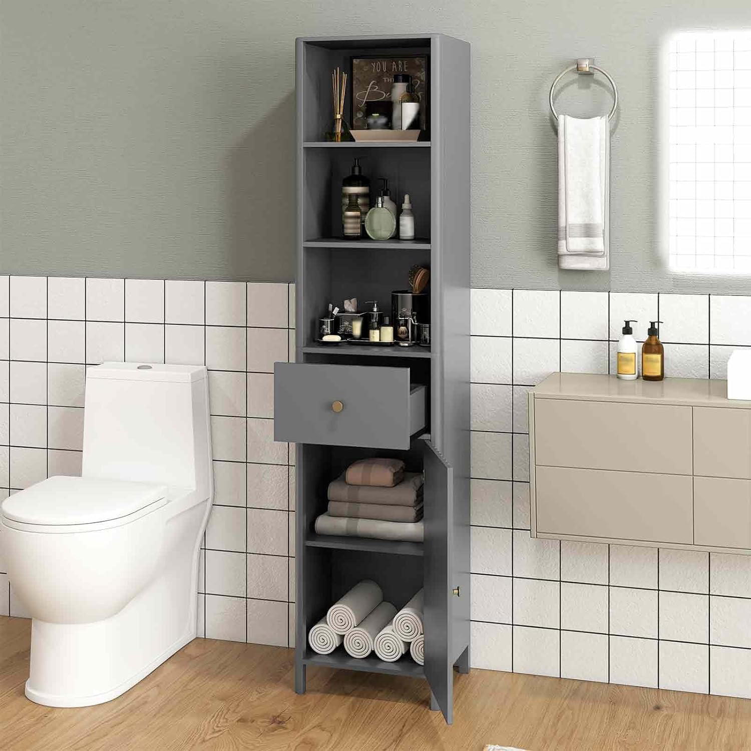 Tall Bathroom Storage Cabinet Drawer Fluted Door Grey 170cm