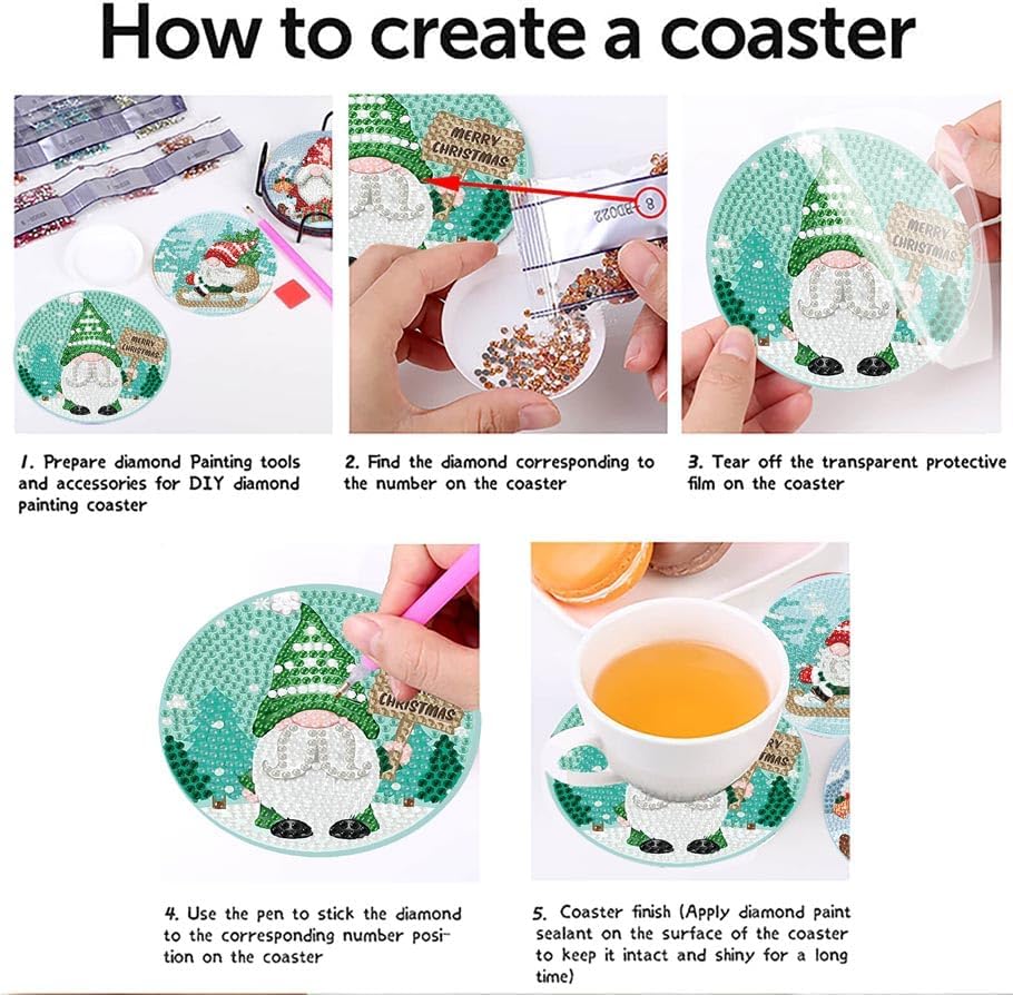 8Pcs Christmas Diamond Art Coasters Kit Gnome DIY Craft Set