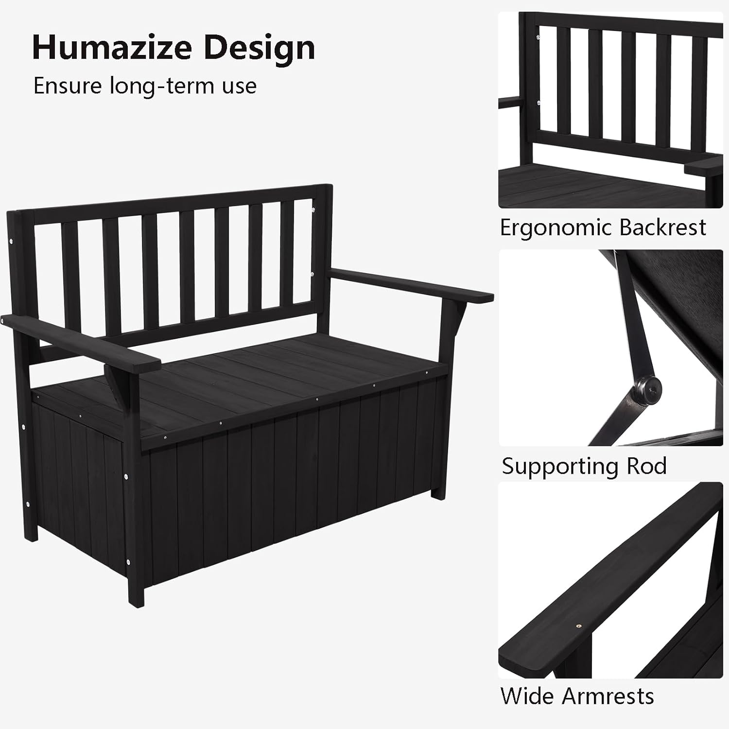 2 Seater Wooden Garden Storage Bench 135L Outdoor Patio Seat Black