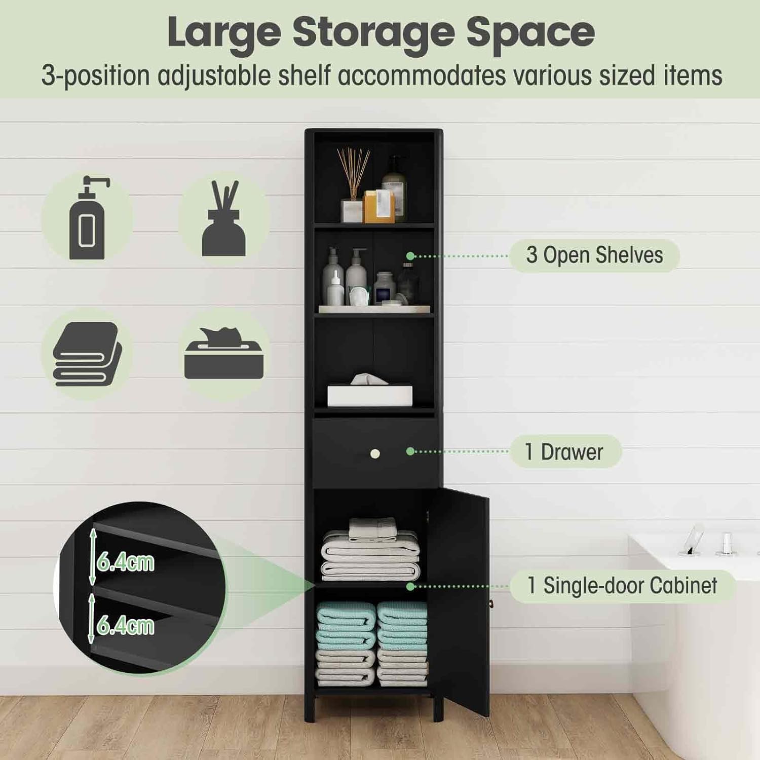 Tall Bathroom Storage Cabinet Black Fluted Door Drawer 170cm
