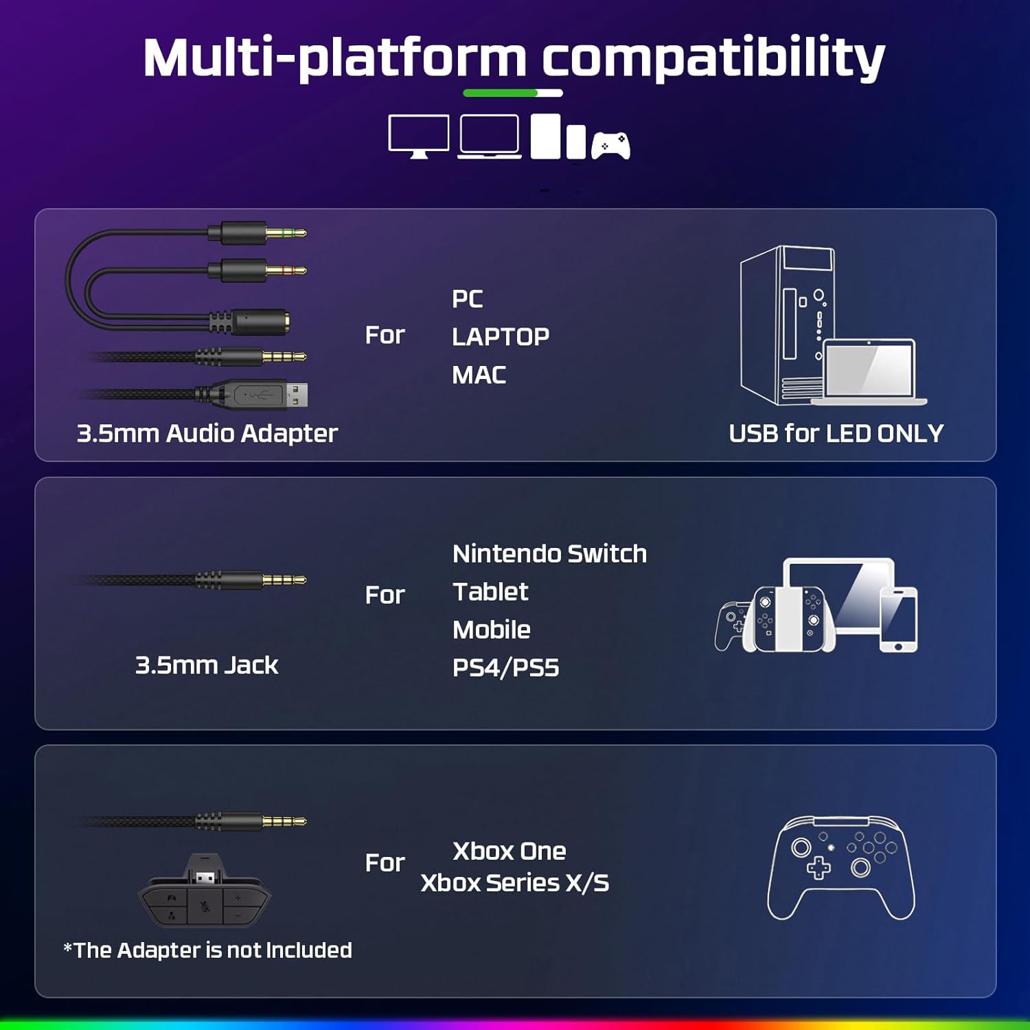 Gaming Headset with Mic 50mm Drivers RGB 3.5mm for PS5 PC Xbox