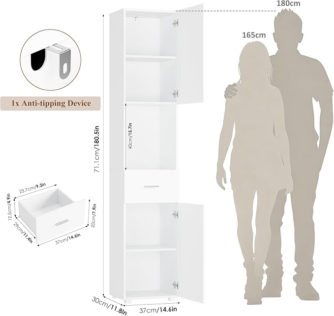 Tall Bathroom Storage Cabinet 2 Doors Drawer White 180cm