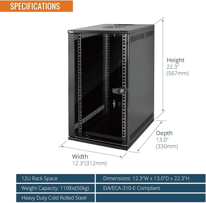 12U 10 Inch Wall Mount Data Cabinet Glass Door Black
