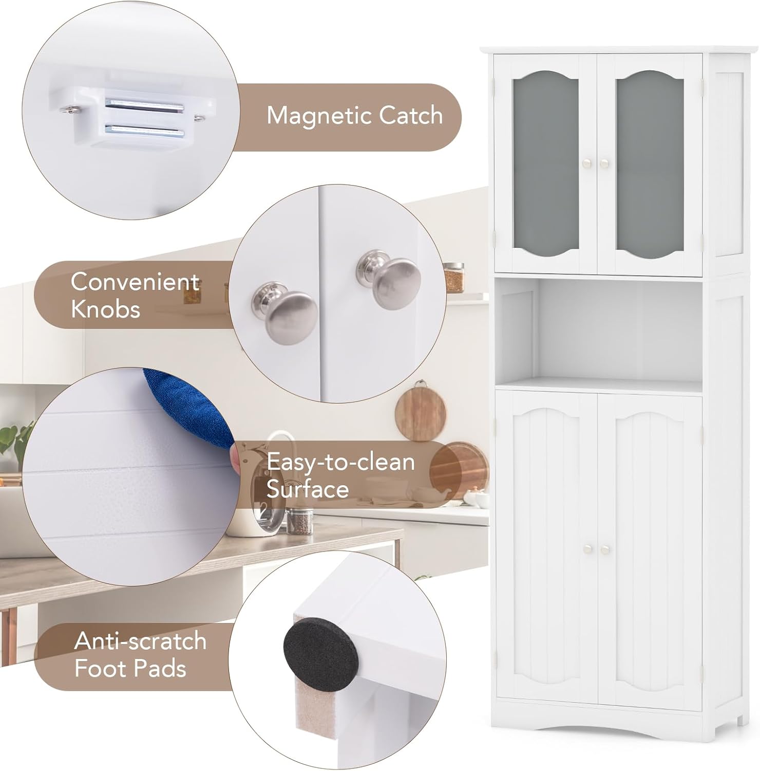 Tall Bathroom Storage Cabinet Glass Door Shelf Unit White